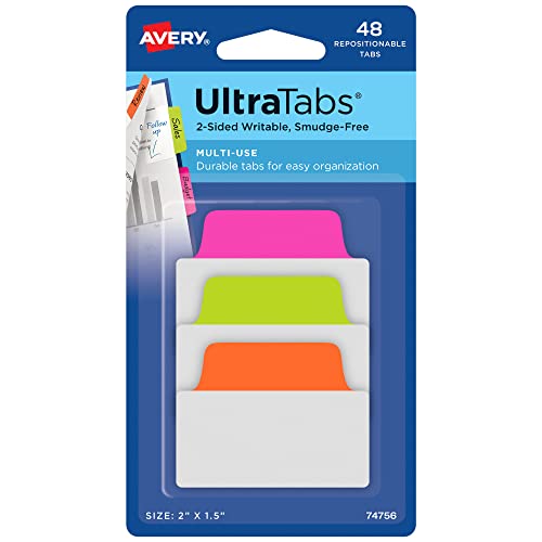 Image of Avery Ultra Tabs, 2 inch x 1.5 inch Repositionable, Neon, 48 Tabs | For Marking Pages in Books and Planners, Clear Body, 2-Side Writable Ultra Tabs, Repositionable Adhesive, Smudge-Resistant