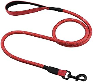 Rope Dog Lead, 5FT Dog Leash with Soft Padded Handle and Reflective Threads for Puppy, Medium and Large Dogs Training Walking (Red)