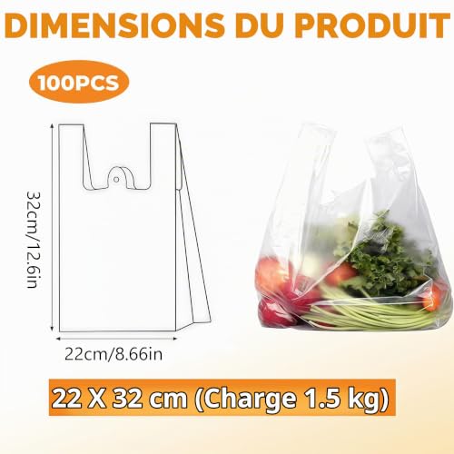 100pcs Gilet en Plastique Transparent 22x32cm / 8.7x12.6inch - Sacs Style Transporteur pour Alimentaire, Shopping, À Emporter, Marchandise, Épicerie et Supermarché – vue 2