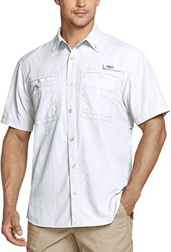 TSLA Men s Performance Fishing Shirt, UPF 50+ Breathable Button Down Shirts, Outdoor Recreation Short Sleeve Shirt, Short Sleeve Fishing Shirts White, XX-Large