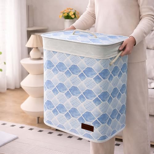 Image of Amazon Brand - Umi Rectangle Bamboo Laundry Basket for Clothes with Lid Geometric Printed Hamper | Eco-Friendly, Foldable & Lightweight Organizer (Blue, 40x30x50 cm, Pack of 1)