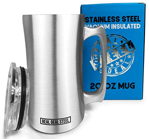 Stainless Steel Insulated Beer Mug: Real Deal Steel 20 Oz Beer Stein with Welded Handle and Clear Plastic Lid - Large Metal Tankard for IPA, Coffee, Tea - Double Walled Mugs for Hot or Cold Drinks (1)