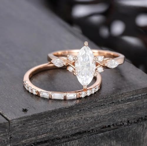 Generic Marquise cut Moissanite engagement ring set Unique Rose gold Baguette cut gemstone wedding band Bridal ring set Anniversary ring for her, Colourless2