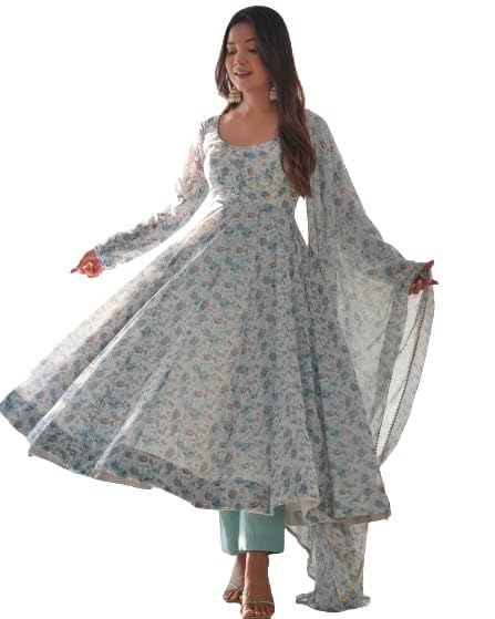 KDWomen's Organza Anarkali Floral Printed Kurta Pent Set with Dupatta Set Anarkali Kurti for Women| 100% Georgette