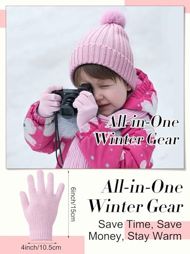 JaGely 2 Sets Kids Winter Hat Gloves Scarf Set Girls and Boys Knit Hat with Pom Warm Scarf Snow Gloves for 3-10 Years Toddler3