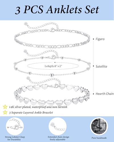 Image of ZHESHY Gold Silver Ankle Bracelets for Women 14K Gold Plated Anklets for Women Waterproof Cuban Link Heart Chain Anklets Set Non Tarnish Dainty Layered Anklet Bracelets for Women Summer Beach Jewelry