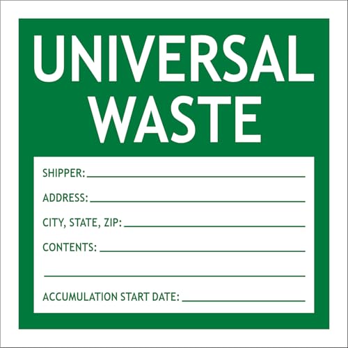Hazardous Waste Labels Waterproof Adhesive-Poly Vinyl Trash Label 30 Pack | Universal Waste 6″x6″ Adhesive-Poly Vinyl Warning Stickers Self Adhesive Green/White Tag