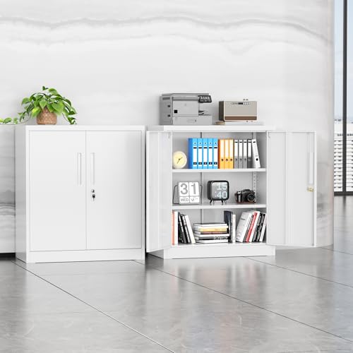 Image of INTERGREAT Metal Garage Storage Cabinet, 36 inch Locking Counter Cabinet with 2 Locking Doors and 2 Adjustable Shelves, Small Steel Cabinet for for Home Office, Gym, School(White)