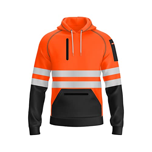 mymixtrendz Pull à capuche en polaire haute visibilité pour homme avec 3 fermetures éclair, noir/orange, L