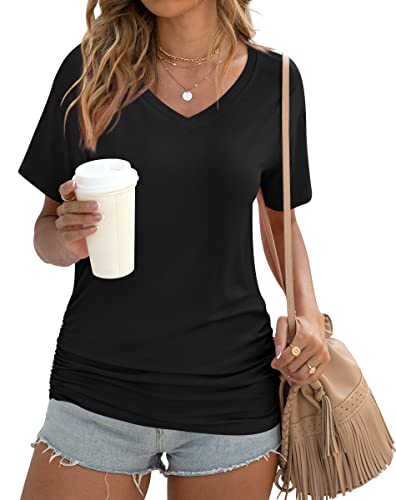 Anydoll Womens Ruched Tops 2025 Spring Summer Tunics Short Sleeve V Neck T Shirts Casual Dressy Tee with Side Shirring ﻿