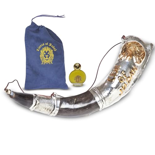 SHOFAROT ISRAEL BARSHESHET - RIBAK Silver 925 Anointing Kudu Shofar Lion Of Judah with Gift of Bag and 12ml Anointing Oil Bottle from the Holy Land