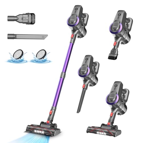 Aspiradora inalámbrica con batería, 25000 Pa/175 W/50 min, cepillo antienredos y de pie, aspiradora de mano ultraligera con batería para alfombras, suelos duros, pelo de animales