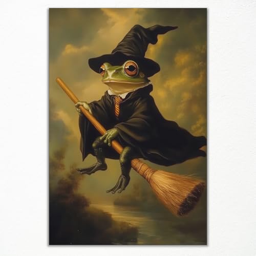 sdgobvco Frog Witch Riding Broom Canvas Wall Art, Gothic Victorian Occult Poster, Dark Moody Witchy Print, Cute Spooky Painting, Halloween Dark Academia Wall Decor for Bedroom 12x16in Unframed