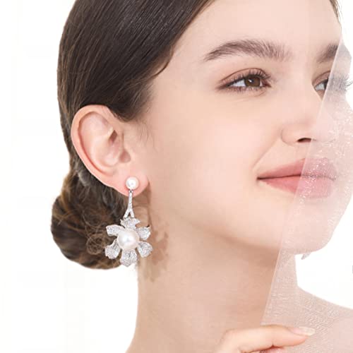 Frwiskp Wedding Earrings for Brides Silver Earrings for Women 18K White Gold Plated Sterling Silver Post Cubic Zirconia Dangle Earrings Clear Crystal Hypoallergenic Chandelier, 2.2 inches, White Gold - Image 4