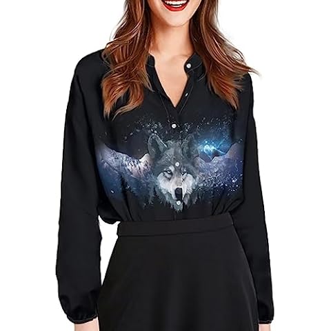 Qznuberone Women V Neck Long Sleeve Blouse Tops Star Wolf Black Button Down Shirt Cover