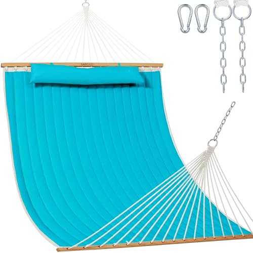 Lazy Daze Hammocks 12 FT Double Quilted Fabric Hammock with Spreader Bar and Detachable Pillow, 2 Person Hammock for Outdoor Outside Patio Garden Yard Pool Beach, 450lbs Weight Capacity (Blu
