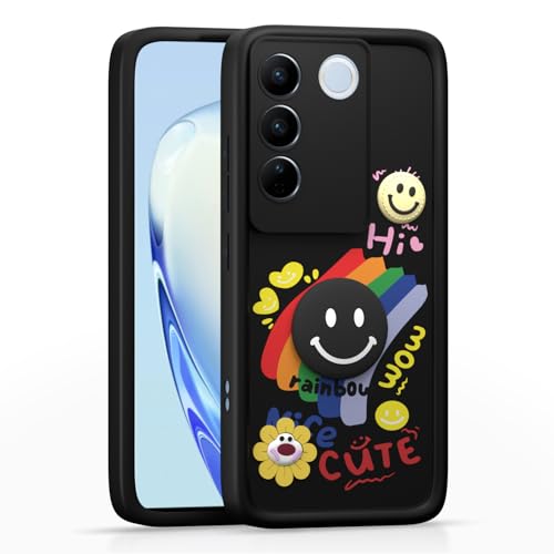Image of Pikkme Back Cover for Vivo V27 5G / V27 Pro 5G | Soft Silicone| Cute Rainbow Smile & 3D Cartoon Flower Design | Shockproof Raised Camera Protection Bumper Case (Black)