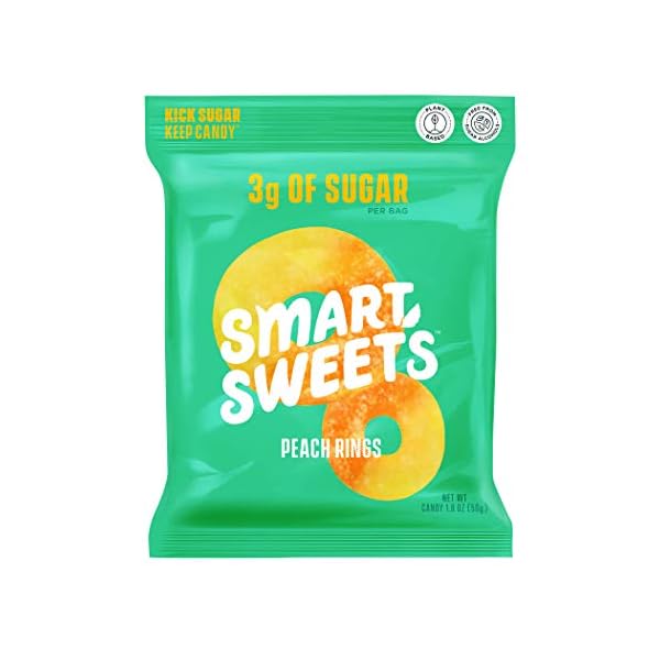 Smart-Sweets-Peach-Rings-Low-Sugar-Gummy-Candy-Plant-Based-Low-Calorie-Snack-18oz-Pack-of-12 Smart Sweets Peach Rings, 1.8oz (Pack of 12), Candy with Low Sugar (3g), Low Calorie (100), No Artificial Sweeteners, Vegan, Plant-Based, Gluten-Free, Healthy Snack for Kids & Adults