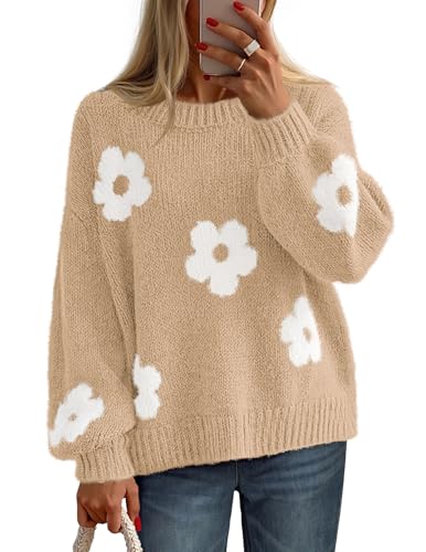 MEROKEETY Women's 2025 Fall Floral Sweater Cute Long Lantern Sleeve Crewneck Knit Pullover Tops
