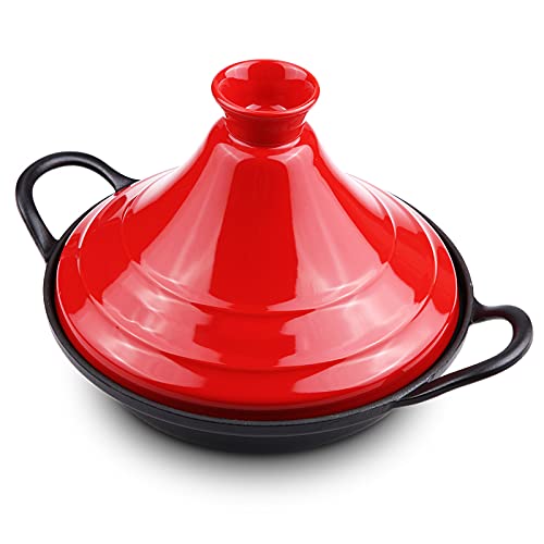 Home occan - Cacerola de cerámica con hierro fundido esmaltado y tapa para cocinar y guisar, color rojo