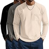 Neer 3 Pack Men's Big and Tall Shirts Long Sleeve Crew Neck Raglan Tops XL-7XL Plus Size Loose Casual Tees with Pocket(Khaki, Light Gray, Black,6X-Large)