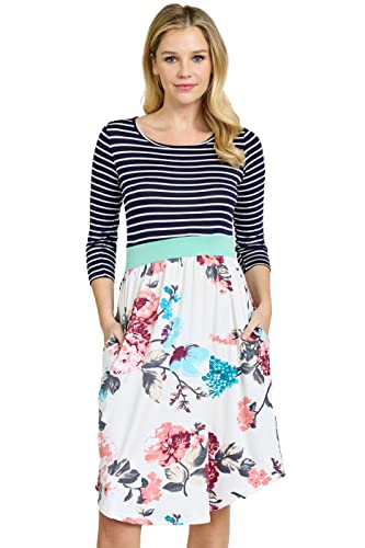 Image of Eloges Women's 3 /4 Sleeve Contrast Waist Band Floral Curved Hem Midi Dress