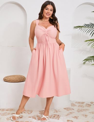 Image of ShopWonder Plus Size Summer Dress for Women Sleeveless Spaghetti Strap V Neck Tie Front A Line Casual Beach Midi Dress