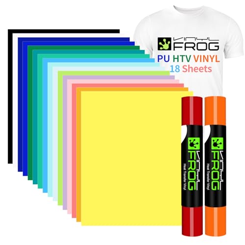 VINYL FROG 18 Sheets Heat Transfer Vinyl Bundle 12"x10" Matte HTV Vinyl Packs 18 Assorted Colors Iron on Vinyl Easy to Weed HTV Vinyl for DIY T-Shirts Design