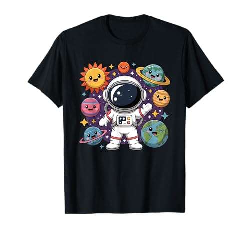 Lindo astronauta kawaii con planetas felices y espacio de estrellas Camiseta