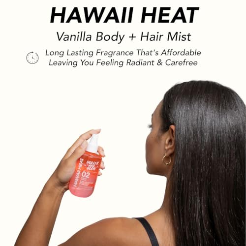 Image of Holler And Glow Hawaii Heat Body & Hair Mist, Warm Vanilla, Peony & Amber Scent, Long-Lasting Daily Fragrance, Lightweight, Vegan, Cruelty-Free, Alcohol-Free, Hydrating Hair Perfume, 8.11 Fl Oz