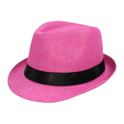 2025 - Sommer Fedora Panama Strohhut mit schwarzem Band, rückenfreier Sonnenhut für Damen, hot pink, Einheitsgröße
