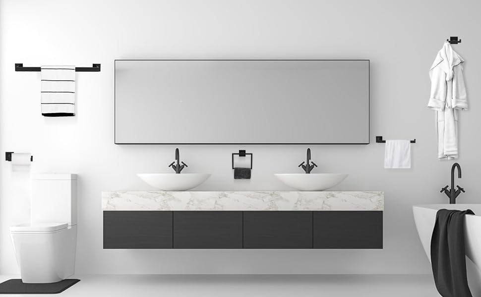 Miniatura 7 de BOZWELL Ganchos dobles para toallas para baño, montaje en pared negro mate, estilo cuadrado simple y moderno, gancho para bata y abrigo, colgador de