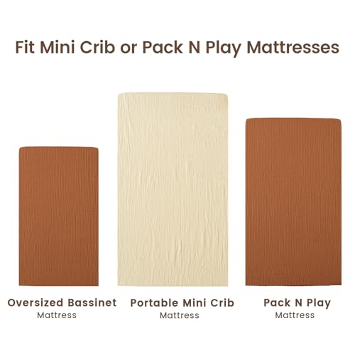 Image of david's kids Muslin Mini Crib Sheets, 2 Pack Cotton Pack N Play Sheets for Boys Girls Neutral, Soft Breathable Baby Sheets Fit Pack N Play, Playard and Mini Crib Mattresses, Beige & Brown