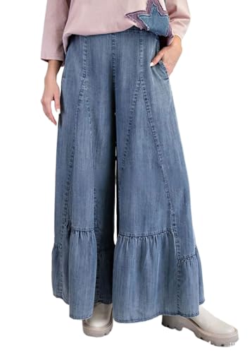 CHARTOU Women Wide Leg Baggy Patchwork Jeans Flowy Palazzo Ruffle Denim Flare Pants with Pockets