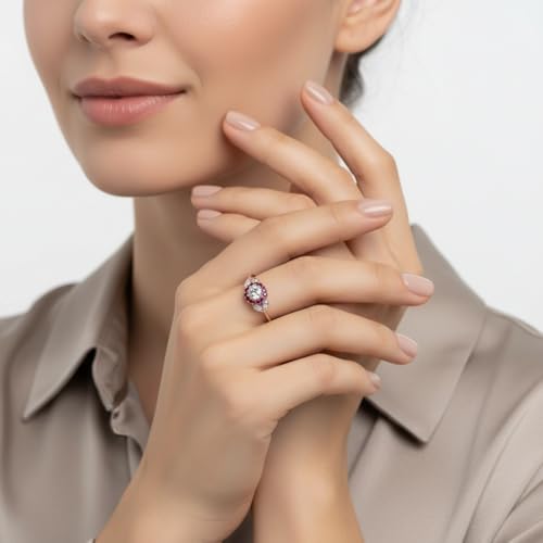 Image of Rose Gold Plated Diamond CZ & Blue Sapphire Petal Halo Engagement Ring for Women, Petite Round Shape Wedding & Everyday Jewelry, Handmade Gift for Wife US Size 4-12