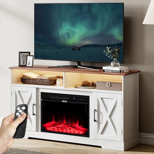 BAKAJI Mobile TV Moderno Bianco e Legno con Camino Elettrico, Effetto Fiamma 3D Realistico Potenza 900/1800W, Mobiletto Caminetto Protezione Surriscaldamento, Led e Fuoco RGB, 138x40x76cm (Stoccolma)