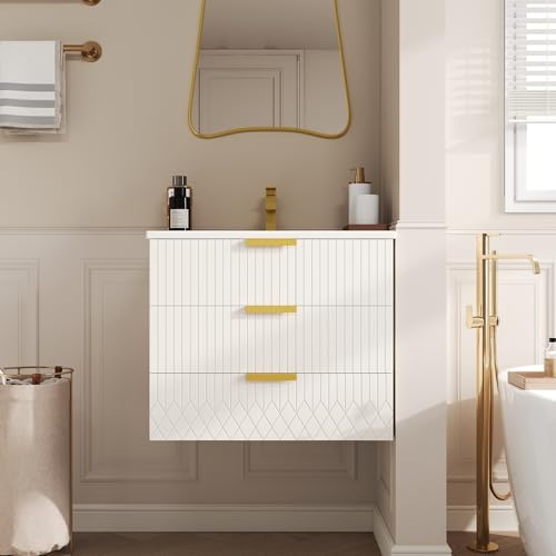 24 Inch Bathroom Vanity with Sink, Floating Bath Vanity with 2 Fluted Drawers, Wall Mounted Bathroom Vanities with Ceramic Integrated Sinks, Modern Vanity with Sink for Bathroom (Blue 2 Drawer)