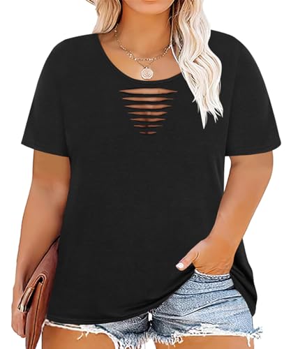 Image of CARCOS Plus Size Tops for Women Short Sleeve Shirts Basic Tee Solid Color Blouse V Neck Tunic Loose Fit Tshirts Summer XL-5XL