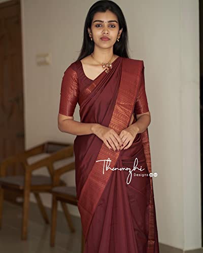 Image of Flosive Women's Present Banarasi Soft Lichi Silk Saree Beautiful Jacquard Rich Pallu Design Work Zari Woven Kanjivaram Silk Style Saree Induja Copper With Soft Lichi Silk Blouse Piece