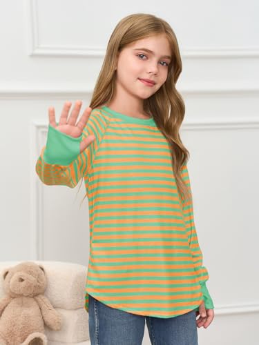 Image of Haloumoning Girls Striped Long Sleeve Shirts 5-14 Years | Thumb Hole, Crewneck, girls tops,Tunic Tops, Curved Hem Tees