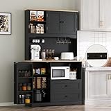 Gyfimoie 68' Tall Kitchen Pantry Storage Cabinet with Charging Station, Upgrade Pantry Cabinet with Doors & Shelves and Wine Glass Holder,Kitchen Hutch Cabinet with Microwave Stand for Kitchen(Black)