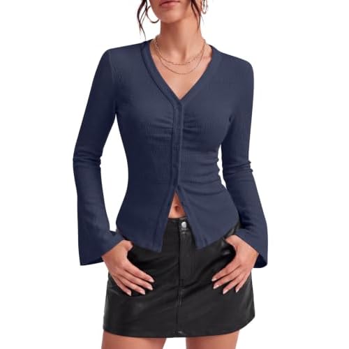 Arolina Women Bell Sleeve Blouse Button Down Ruched Y2K Shirts