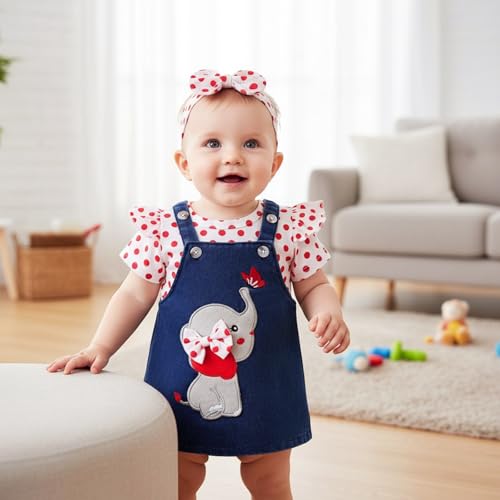 Image of Baby Girl Clothes Newborn Ruffle Romper Elephant Jeans Skirt 0-18M | Soft Romper, Adjustable Jean Skirt with Headband Elephant Butterfly Design, Snap Closure, Everyday Wear