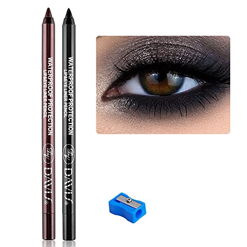 2Pcs Black Brown Smoke Eyeliner Pen Set With Pencil Sharpener, Black Brown Smoke , Colored Colorful Eyeliner Pencil Set, Pearl Metallic Glitter Eyeliner Pencil Kit Eye Liners For Women Waterproof Professional Eye Makeup Eyeliner Eye Color E4 #TOP4