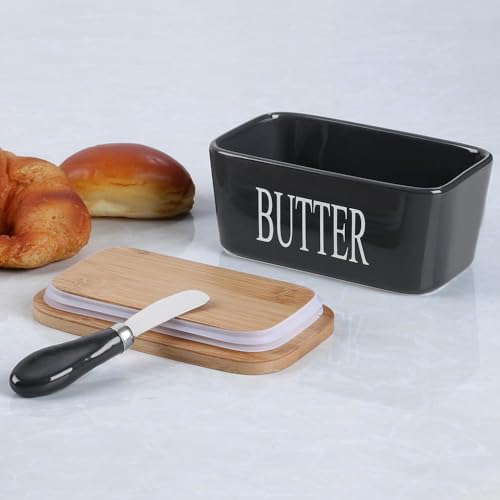 Image of Ceramic Butter Dish with Wooden Lid and Stainless Steel Knife, Large Butter Container Keeper with Bamboo Cover and Silicone Sealing Ring for West and East Coast Butter (Black)
