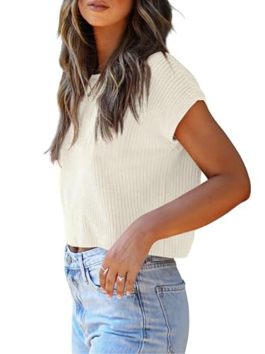 Image of LCXWFE Womens Summer Cropped Sweater Vest Trendy Cap Sleeve Crop Tops Crew Neck Loose Knit Tank Top