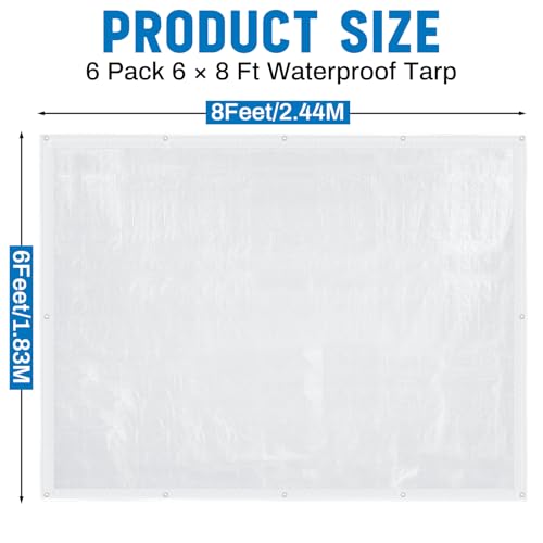 Image of 6 Pcs 6x8 ft Clear Tarp with Grommets Heavy Duty Transparent Tarp Waterproof 8mil Green House Cover with Rope for Plant Garden Patio Chicken Coop Porch (Woven Style)