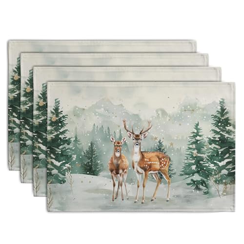 Wnoesat Christmas Watercolor Deer Trees Snowflakes Placemats Set of 4 Winter Rustic Nature Forest Linen Table Mat 12x18 Inch Seasonal Farmhouse Washable Place Mats for Dining Table Kitchen Xmas Decor