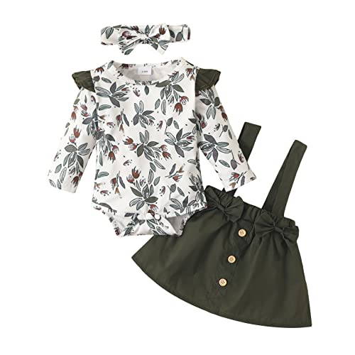 Infant Baby Girls Cute Skirt Set, Long Sleeve Leaves/Animal Print Romper Suspender Skirt Bow Headband Fall Outfit (Green Leaves, 0-3 Months) #TOP5