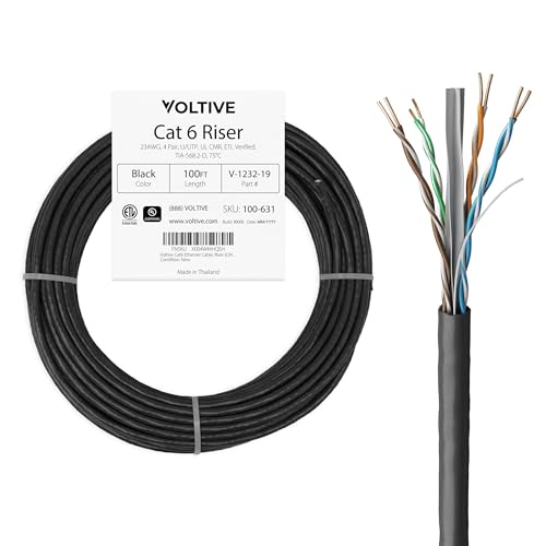 Voltive Cat6 Ethernet Cable, Riser (CMR), Black, 100ft - 23AWG 4 Pair Solid Bare Copper, UTP, 600MHz, UL Certified & ETL Verified - V-1232-19